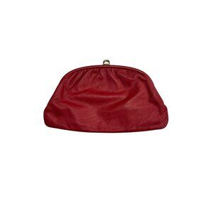 Vintage Red Leather Clutch Purse With Gold-Tone Kiss Lock Closure